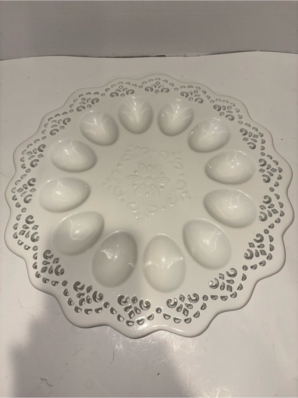 White Ceramic Deviled Egg Platter with Decorative Lace Edge
